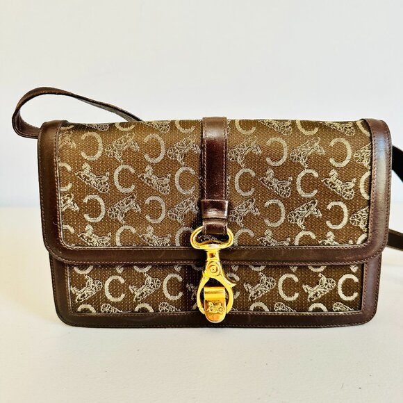 Celine Handbags - CELINE PARIS 2-WAY LEATHER AND CANVAS SIGNATURE MONO LOGO SHOULDER BAG VINTAGE